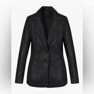 Faux Leather PU Blazer Open Front Business Casual Jacket Mid-Length